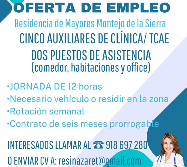 Oferta de Empleo, Residencia de Mayores Montejo de la Sierra